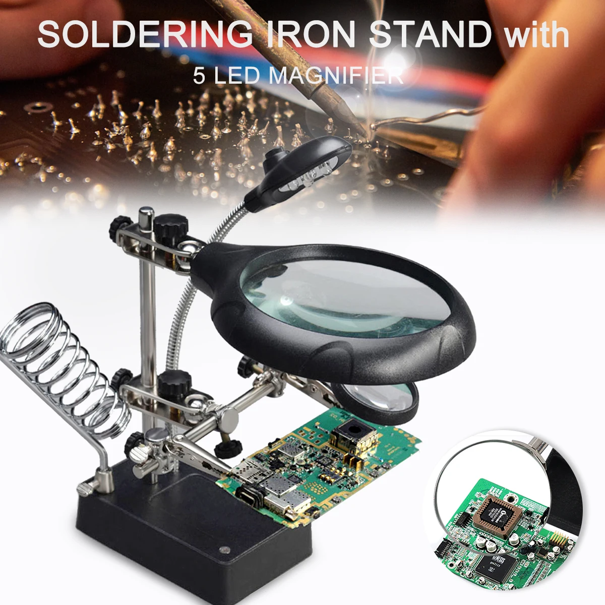 

ZEAST Soldering Magnifier Lens 2.5X 7.5X 10X 5 LED Light Auxiliary Clip loupe Welding Magnifying Len Desktop reinforce stability