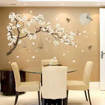 

2pcs Two Magpies on Pink Plum Blossom Tree Branch Wall Stickers Home Decor Living Room Bedroom Hallway Decor Wall Graphic Poster