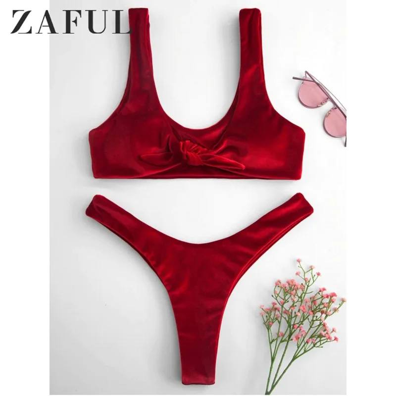 

ZAFUL Sexy Swimwear Tie Front Velvet High Cut Bikini Set Bathing Suit Wire Free Padded Scoop Neck Swimsuit Beach Suits Summer