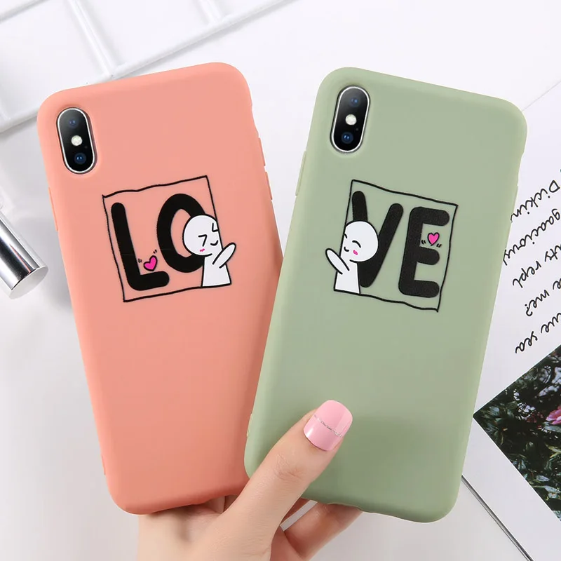 

Ottwn Couples Cartoon Love Heart Phone Case For iPhone X XS XR Xs Max Letter LOVE Soft TPU Back Cover For iPhone 6 6s 7 8 Plus