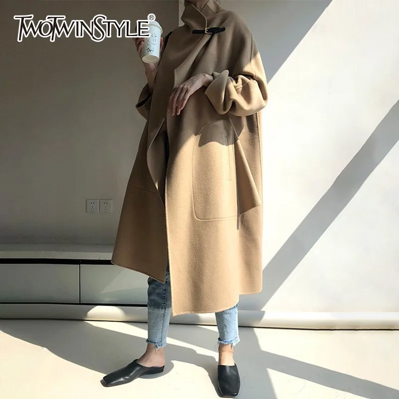 

TWOTWINSTYLE Cloak Woolen Coats Female Stand Collar Long Sleeve Side Split Women's Overcoat Oversized Autumn Winter 2018 New