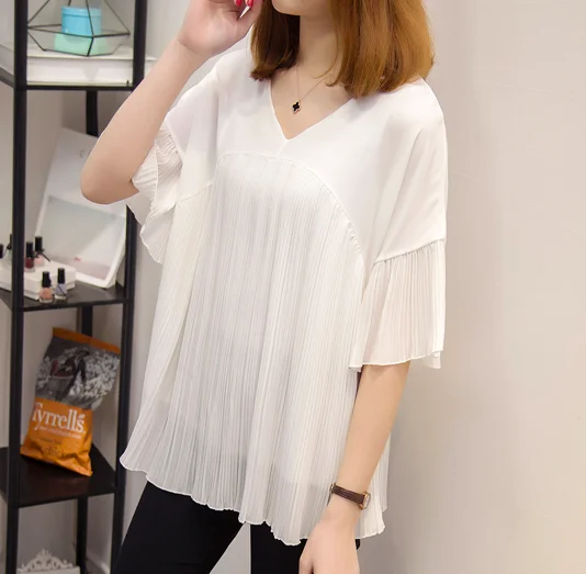 XL-4XL Новинка лета 2019 большие размеры солидные шифоновые блузки с v-образным
