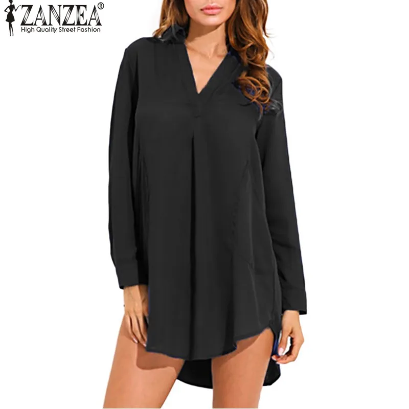 

Mini Shirts Dresses Women ZANZEA 2019 Summer Casual Loose Sexy V Neck Long Sleeve Asymmetrical Hem Solid Pockets Dress Vestidos