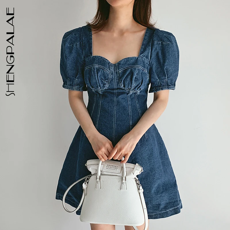 

SHENGPALAE 2019 Vintage Denim Women Mini Vestidos Square Collar Puff Sleeve High Waist Thin New Summer Slim Female Dress FM810