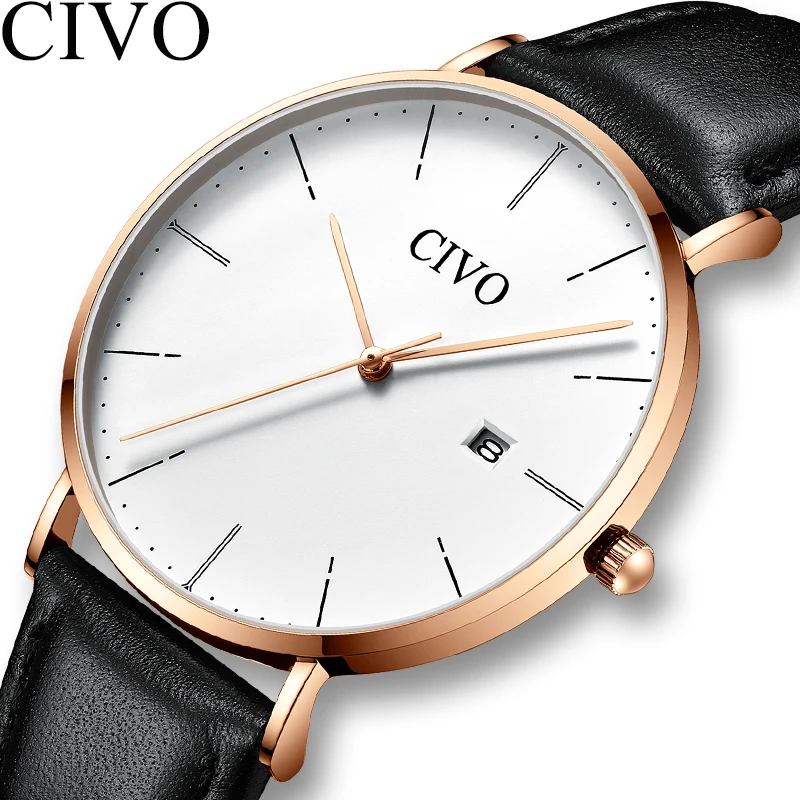 

CIVO Top Brand Luxury Genuine Leather Quartz Watch Men Waterproof Wristwatch Ultra Thin Minimalist Watches Clock