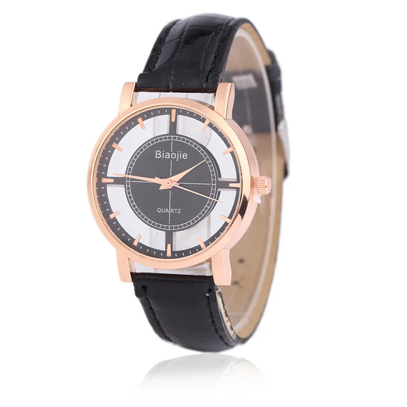 

Women Black Artificial Leather Holllow Rose Gold Color Dial Quartz Analog Wrist Watch 24cm