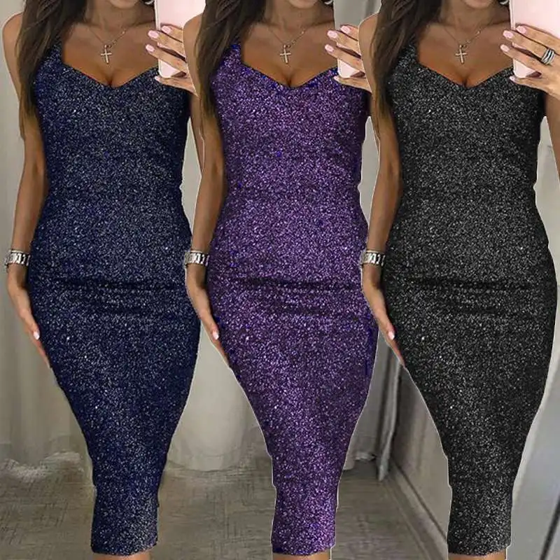 

Celmia Plus Size Women Dress Casual Sexy Bodycon Dress 2019 Summer V Neck Straps Package Hip Sequins Formal Party Vestidos Mujer