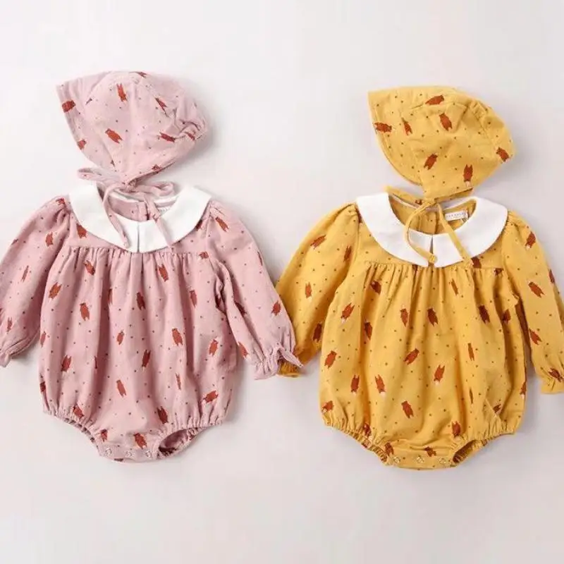 Осенний Детский комбинезон с рисунком медведя и круглым вырезом; одежда для малышей; хлопковый Модный комбинезон для новорожденных; милая одежда для маленьких девочек с шапочкой