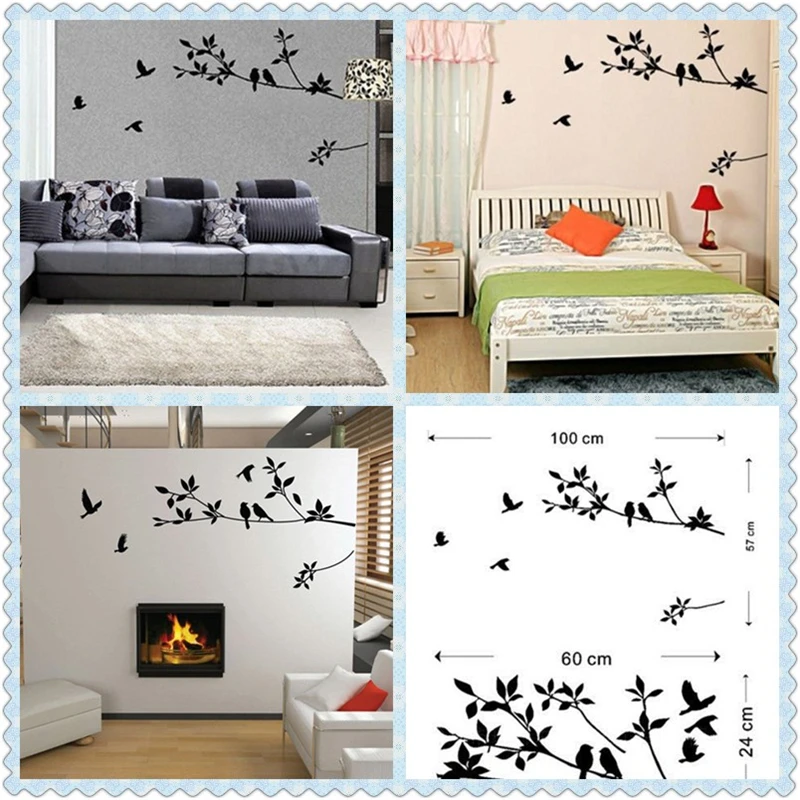 

Home Art Wall Stickers Birds&Branch Black Tree Branches Mural Wall Sticker DIY Vinyl Art Decal Home Decor