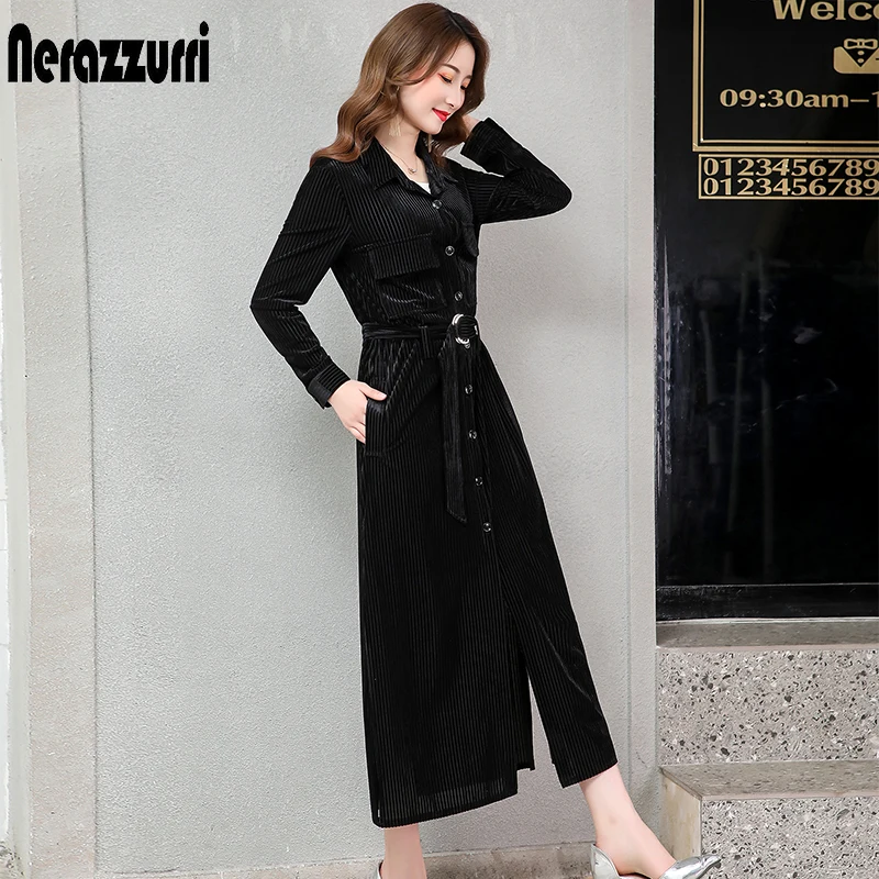 

Nerazzurri long velvet dress women long sleeve with belt button striped maxi shirt dress 2019 winter warm runway plus size dress