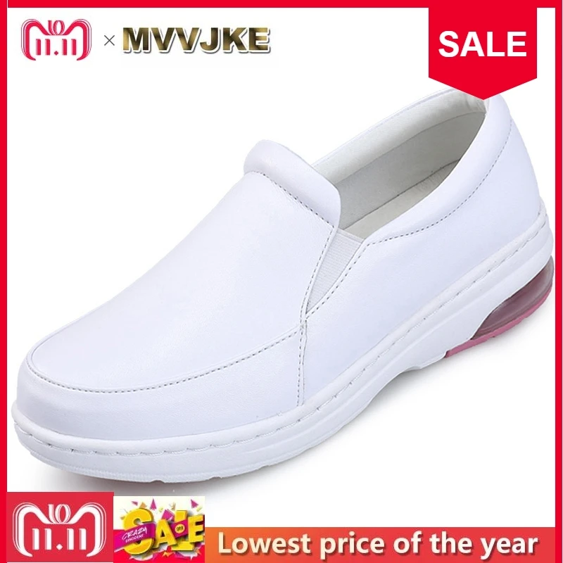 

MVVJKE Four Seasons New Woman Pure white Nurse shoes women Platform soft Comfortable Air cushion casual genuine leather Antiskid
