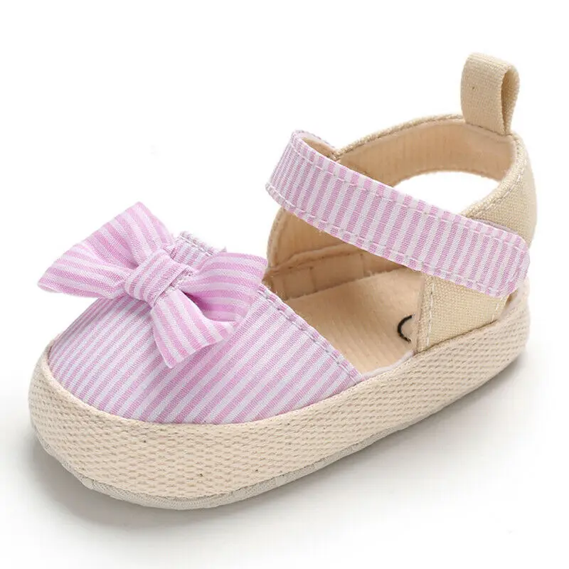 Summer Baby Girl Cute Bowknot Sandals Crib Shoes Striped Hook Baby Causal Soft Sole Shoes Outfit 0-18M
