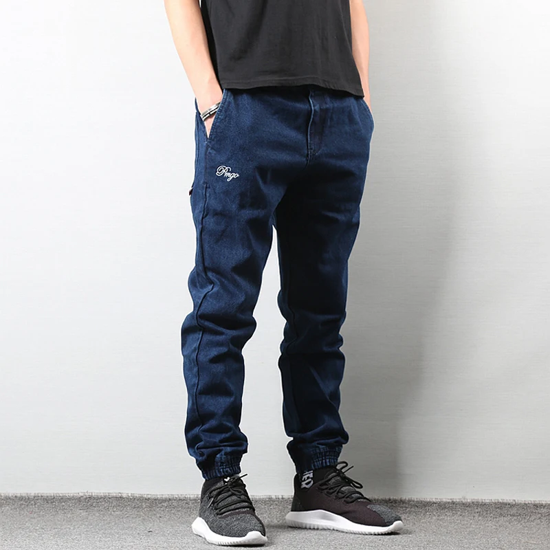 Высокая уличный стиль Для мужчин джинсы голубой цвет японский Стиль Винтаж ботильоны полосчатые джинсы Homme хип-хоп штаны-карго Для мужчин