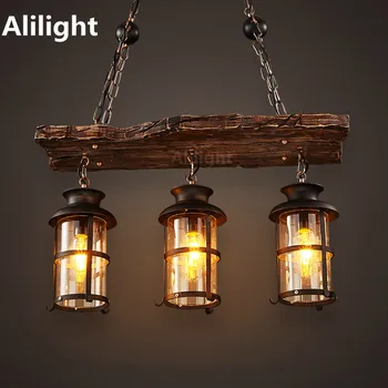 

Retro Industrial Pendant Lamp 3 Head Old Boat Wood Pendant Light American Country Nostalgia Hanging Light Home Indoor Fixtures