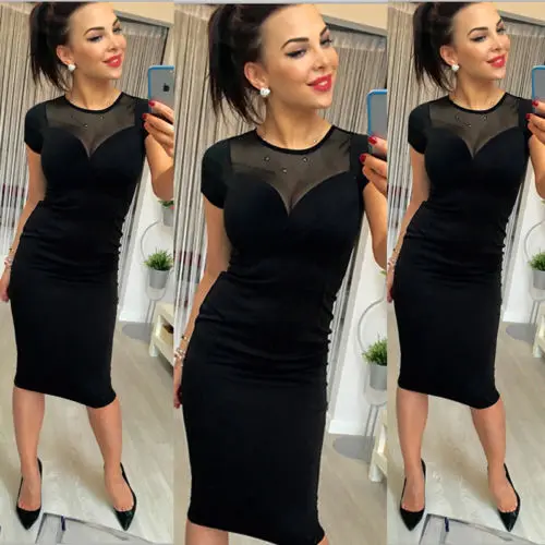 

Hot Fashion Women Dresses Solid Black Lace See-through Bodycon Summer Sexy Short Sleeve Clubwear Party Midi Dress