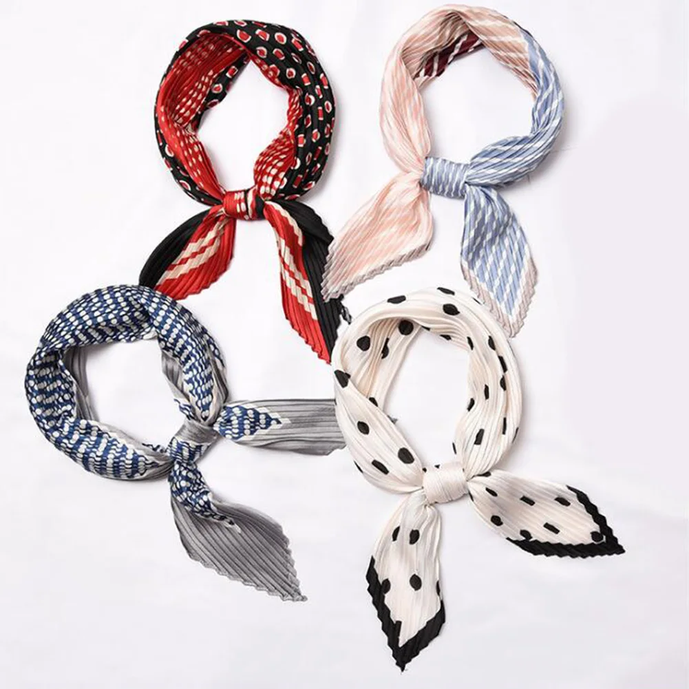 

New Fashion Square Crinkle Small Silk Neck Scarf for Women Crumple Bandana Neck Pleated Print Foulard Ladies Handkerchief