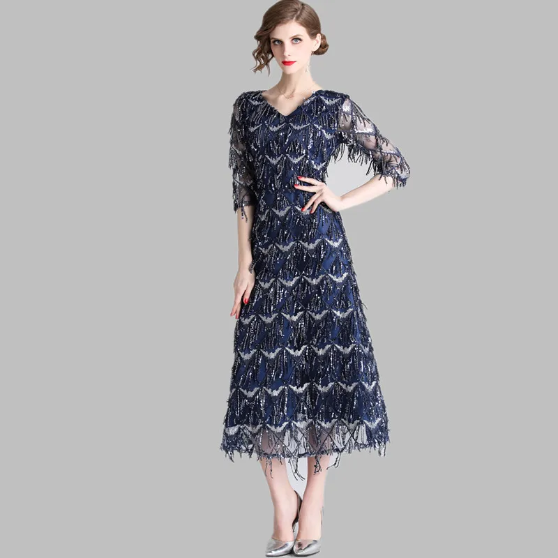 

New Vintage Long Runway Dress 2019 Summer Women Sequine Tassel Half Sleeve V Neck Slim Dress Ladies Party Vestidos