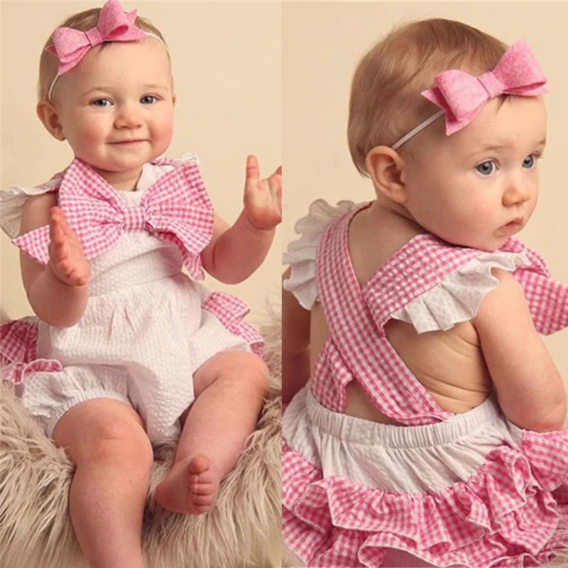 

PUDCOCO Fashion Newborn Kids Outfit Baby Girls Plaid Playsuit Sunsuit Outfit Set Summer Bodysuit Headband Kid Clothes 0-18M