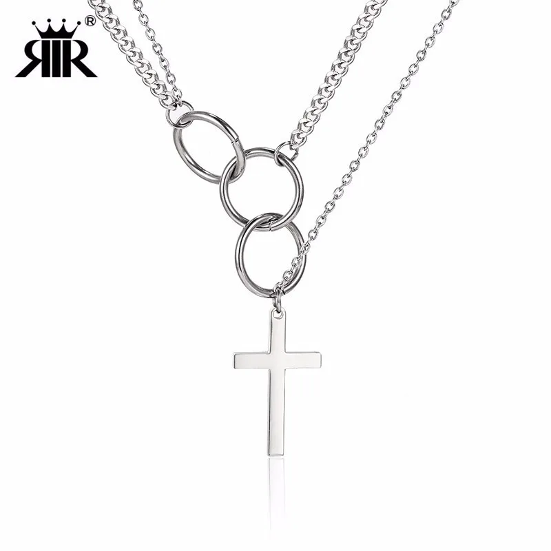 

RIR Stainless Steel Trend Silver Circle Cross Pendant Necklace Religious Blessing Christian Crucifix Jewellery Necklaces