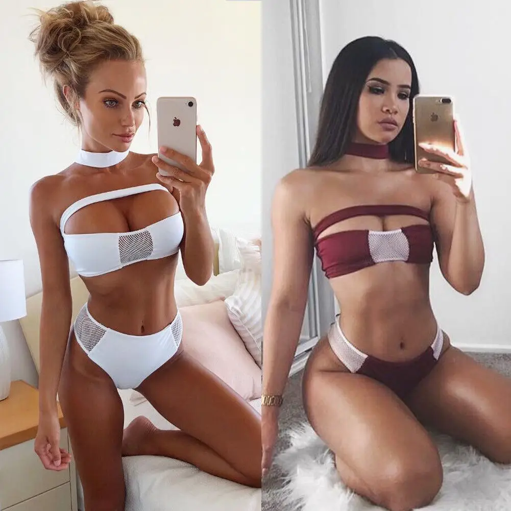 

Hirigin Mesh Patchwork Bikini Set Summer Women Swimwear Halter Style Padded Swimsuit Women Bathing Suit Beach Sexy Swimming Suit