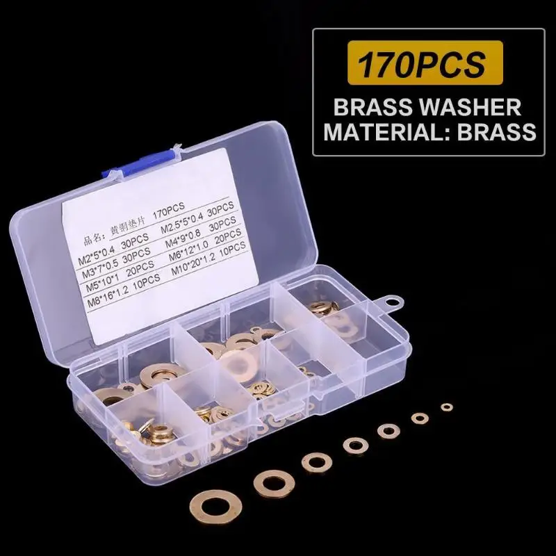 170pcs Brass Washers Kit M2 M10 Brass Washers Copper Sealing Gasket