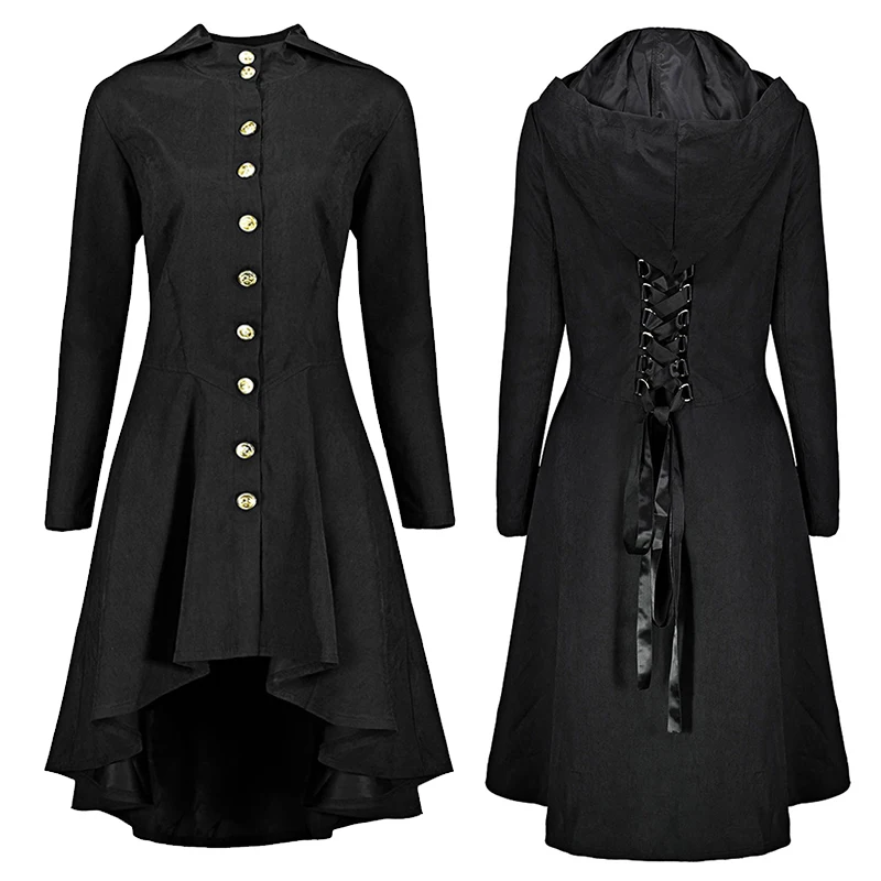 

Gothic Vintage coats Women Steampunk Swallow Tail slim signle breasted Coat Jacket long Autumn solid color hooded tops ladies