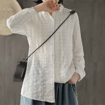 

Hot Sale Ladies Turn-Down Collar Embroidery Cotton Blouses Solid Spring Loose Single Breasted White Shirts