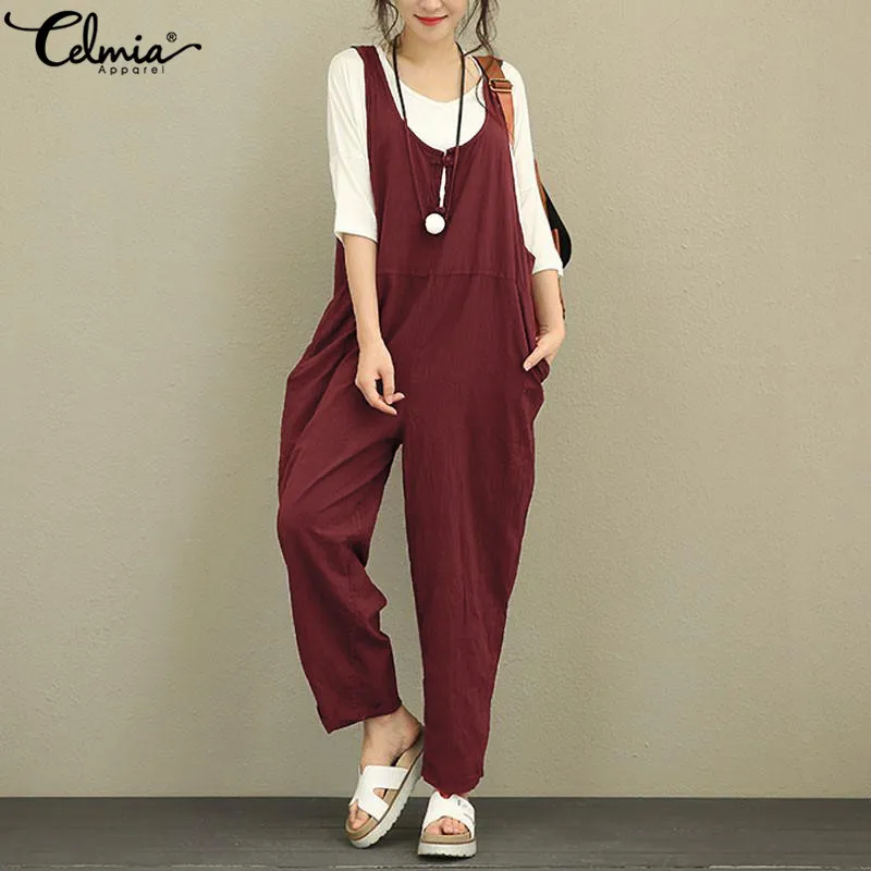 

Celmia 2019 Summer Vintage Women Jumpsuits Linen Wide Legs Pants Rompers Casual Sleeveless Buttons Down Loose Plus Size Overalls