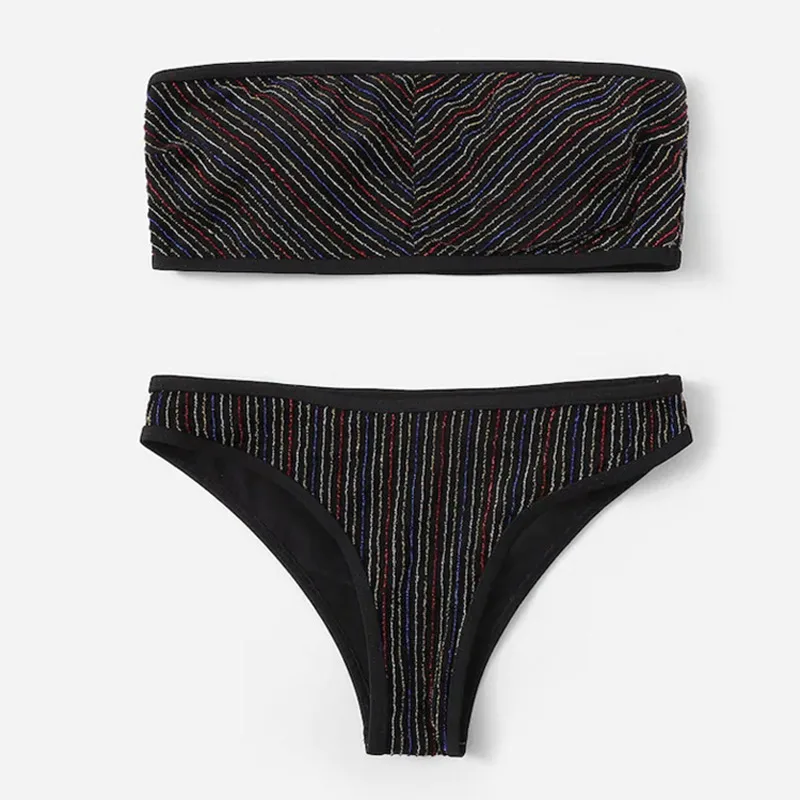 

New Swimwear Women Push Up Swimsuit Bandeau Strapless Bikini Set Female Two Piece Low Waist Swim Suits Lady Striped Bathing Suit