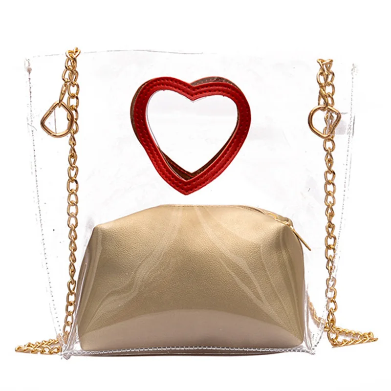 

Women'S Diagonal Package Jelly Package Heart-Shaped Portable Transparent Wild Shoulder Bag +Clutch