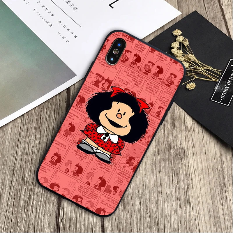 Mafalda милый чехол мягкий силиконовый черный ТПУ для телефона iPhone 5 5C 5S SE 6 6plus 7plus 8 8plus