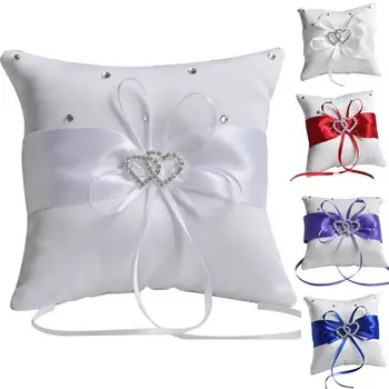 

Double Heart Rings Pillow Satin Cushion Ribbon Bowknot Rhinestones Decor Romantic Wedding Party Supplies Gift Wrap Storage 10x10