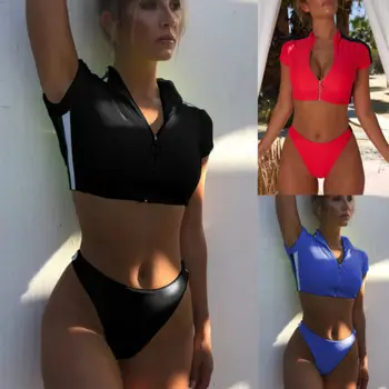 

2Pcs Zip up Short Sleeve Sexy Bikini Set High Waist Swimsuit Bathing Suit Swimwear Beachwear New Women Padded Push-up