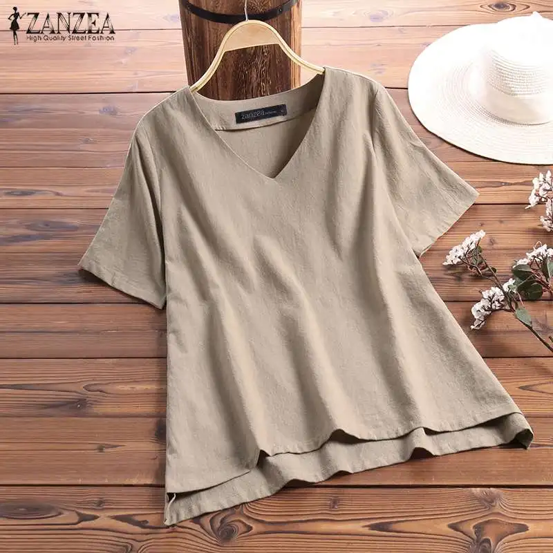 

ZANZEA 2019 Summer Women T Shirt Ladies Tops Cotton Tees Casual Camisetas Solid V Neck T-Shirt Loose Camiseta Mujer Plus Size