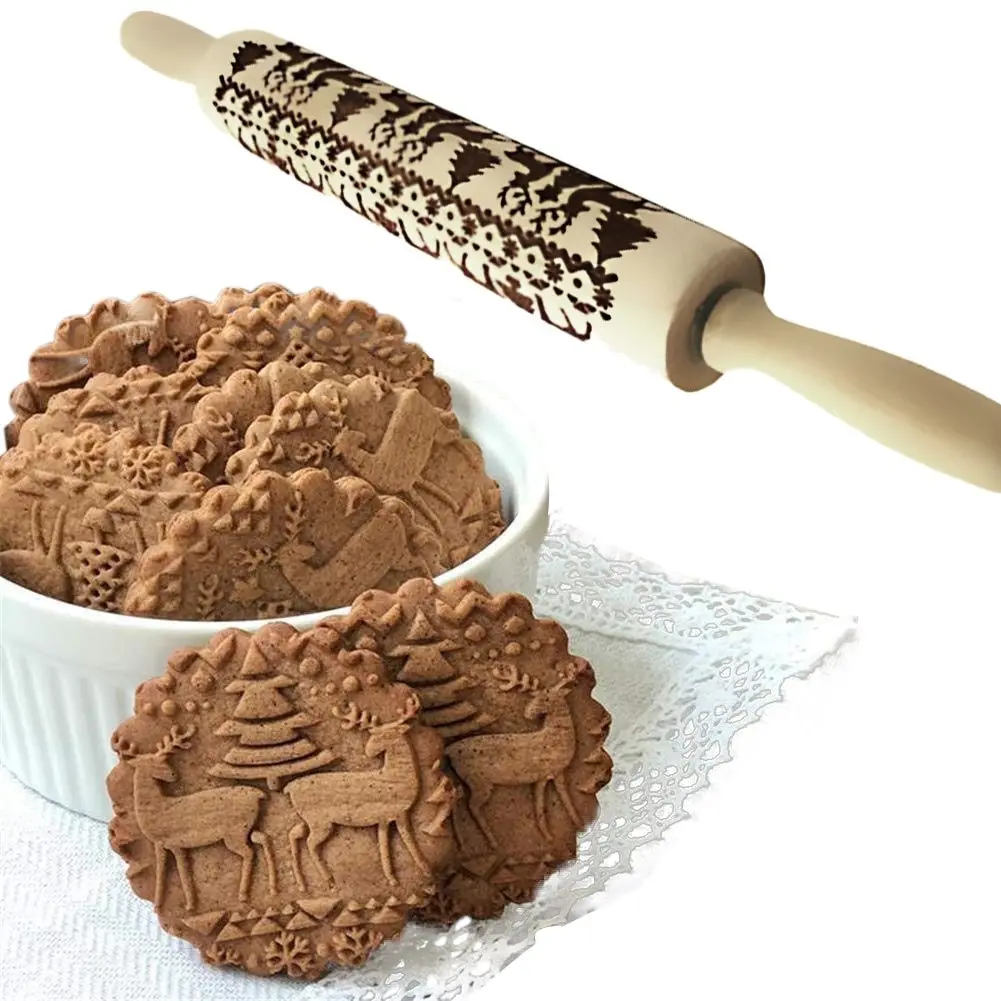 

Christmas Embossing Rolling Pin Snowflake Cat Wooden Rolling Pin Baking Cook Noodle Biscuit Fondant Cake Dough Patterned Roller