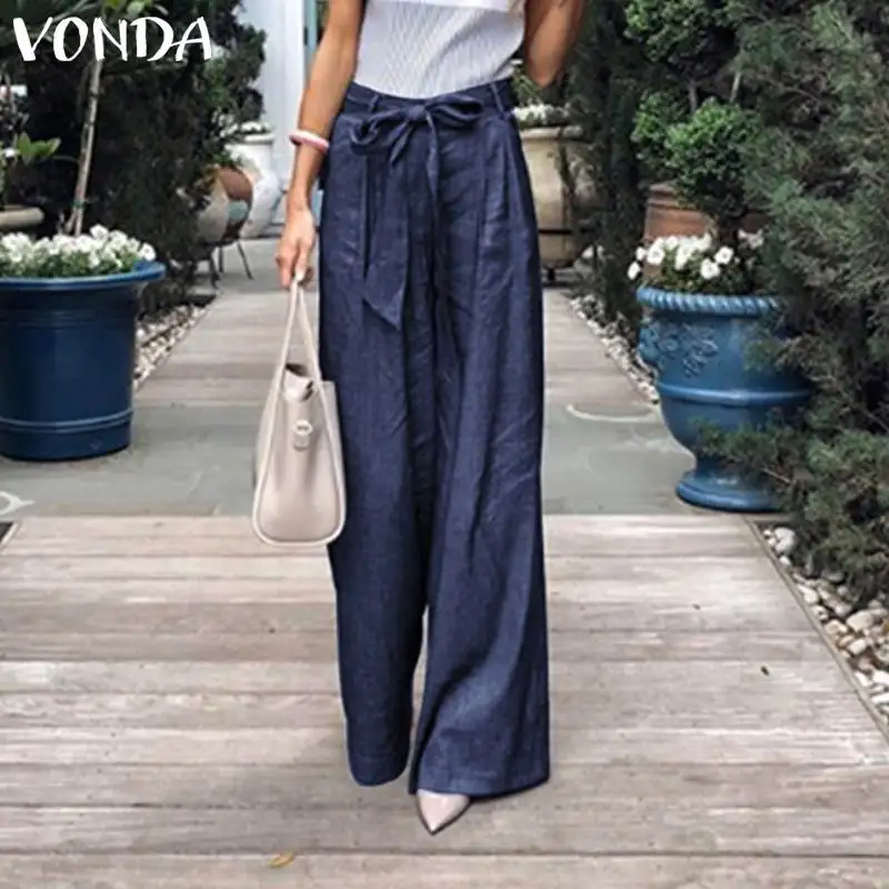 VONDA размера плюс женские широкие штаны богемные повседневные штаны с высокой талией и поясом, винтажные панталоны для женщин, комбинезоны S-5XL