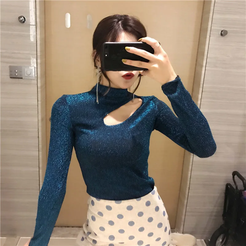 

Fashion suit Spring autumn hollowed out Bright silk Round neck Standing collar long sleeve bottoming shirt Slim high waist skirt