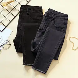 Женские джинсы с высокой талией, Винтажные эластичные узкие брюки, узкие черные джинсовые брюки