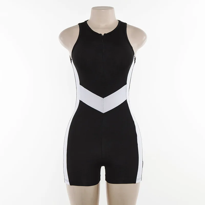 BOOFEENAA Summer Fashion Playsuit Bodycon Jumpsuit Romper Women Front Zipper High Waisted One Piece Outfit Active Wear C87-I62