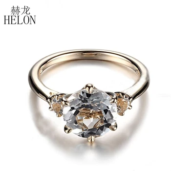 

HELON Hot Round Solid 10K Yellow Gold Prong Setting 8mm & 3mm Flawless White Topaz Ring Wedding Anniversary Fine Jewelry Ring