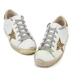 Модная повседневная обувь мерцающий золотой звезды из натуральной коровьей кожи на шнуровке Винтаж сделать старый грязной обуви для Для