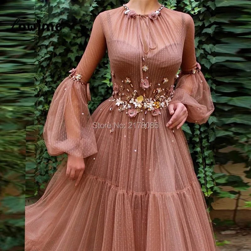 Blush Pink Evening Dresses Long Sleeves Arabic Party Gowns 2019 Vestido De Festa With Beaded Handmade Flowers Tulle Prom Dress Blush Pink Evening Dresses Long Sleeves Arabic Party Gowns 2019 Vestido De Festa With Beaded Handmade Flowers Tulle Prom Dress
