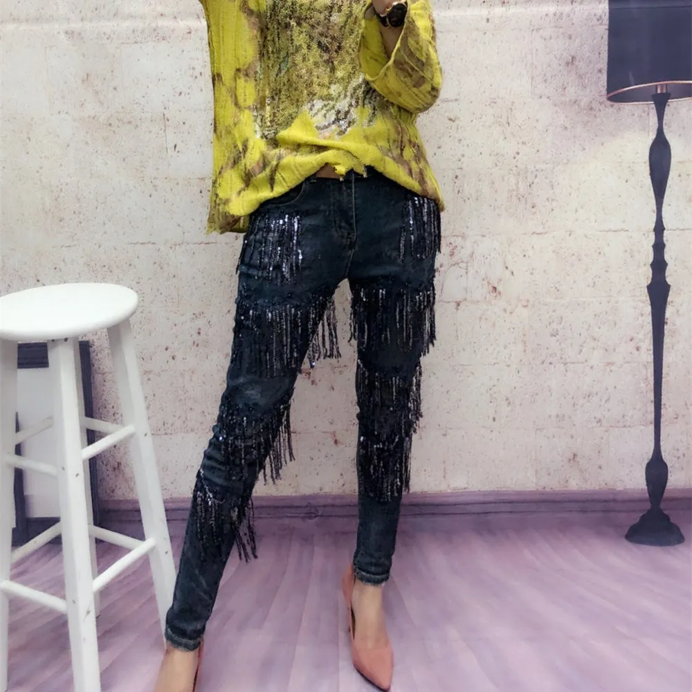 Borla Moda Pantalón Casual Azul 2019 Cintura Elástico Denim Mujer De Nueva Vaqueros Lentejuelas Slim Pantalones Skinny Alta Sw5BgqCUt