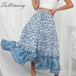 Sollinarry Высокая талия Цветочный длинная юбка для женщин 2019 выдалбливают кружево до Летняя женская Повседневное праздник пляжные длинные