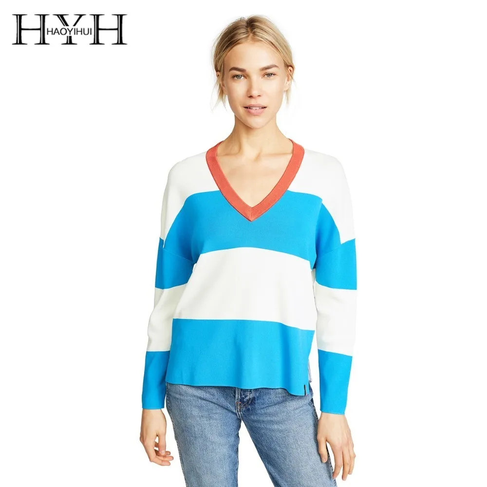 

HYH HAOYIHUI 2019 Loose V-collar colour-impact knitted sweater with wide stripe splicing arc hem