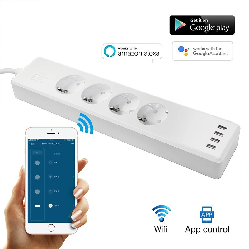 

New Arrival RSH EU WiFi Power Strip,Surge Protector with 4 USB and 3 Smart Plug, Compatible with Alexa/Google