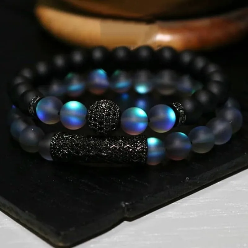 

New Couples Bracelet With 8mm Black And Grey Flash Beads Blue Tiger Eyes Bracelet Micro Pave CZ Handmade Buddha Bracelet
