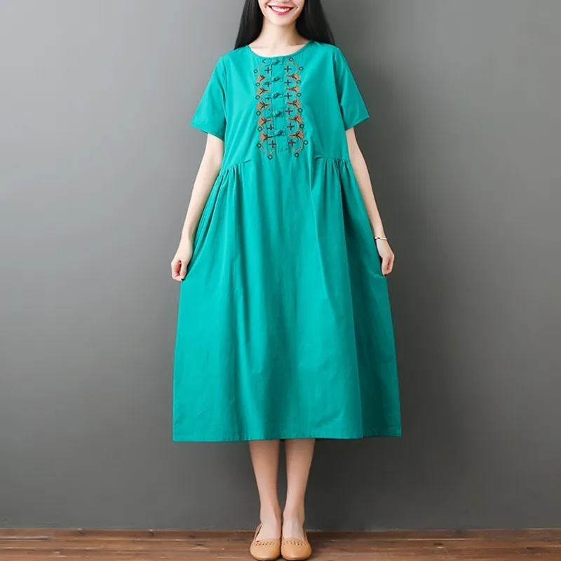 

2019 Summer Cotton Linen Dresses Women Casual O-neck Short Sleeve Vintage Floral Embroidery Party Dress Robe Femme