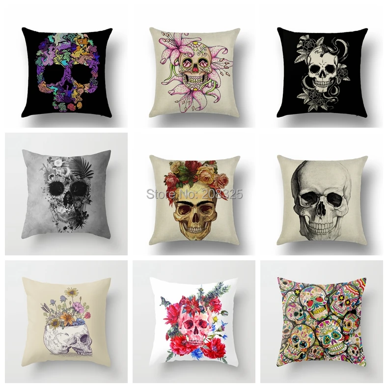 

ZENGIA Sugar Skull Pillow Case Nightmare Before Christmas Cotton Linen Cushion Cover Throw Pillows Home Decorative Pillow Cover