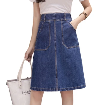 

Plus Size New Summer Preppy Style Women Denim Skirt Thin Add Long Type A Elastic Waist Skirts Blue 103